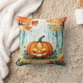 オレンジグリーン水彩秋カボチャの森 クッション (ブランケット)