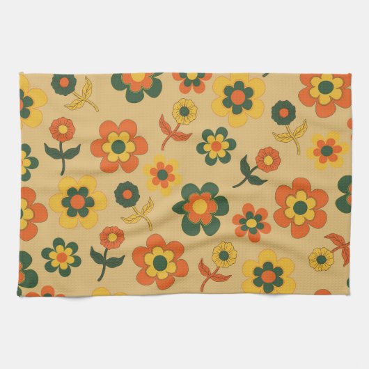 オレンジグリーン熱帯フローラの夏 キッチンタオル (横)