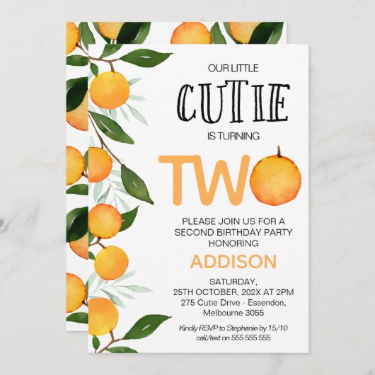 オレンジグリーン私たちの小さなかわいこちゃん2nd誕生日 招待状 (正面/裏面)
