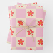 オレンジグルーヴィデイジー花かわいらしとピンク市松模様にク ラッピングペーパーシート (インサイチュ)