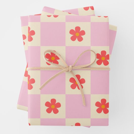 オレンジグルーヴィデイジー花かわいらしとピンク市松模様にク ラッピングペーパーシート (インサイチュ)
