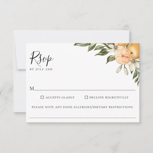 オレンジグローブ柑橘類結婚の食物アレルギーRSVP 出欠カード (正面)