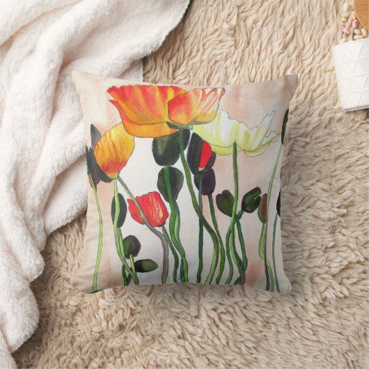 オレンジケシの水彩画の花の芸術 クッション (ブランケット)