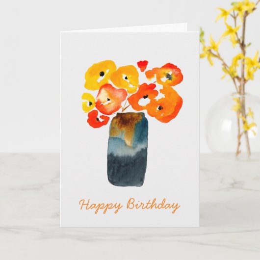 オレンジケシの花の水色 カード (黄色い花)