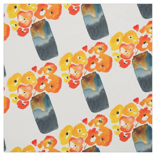 オレンジケシの花の水色 ファブリック (見本)