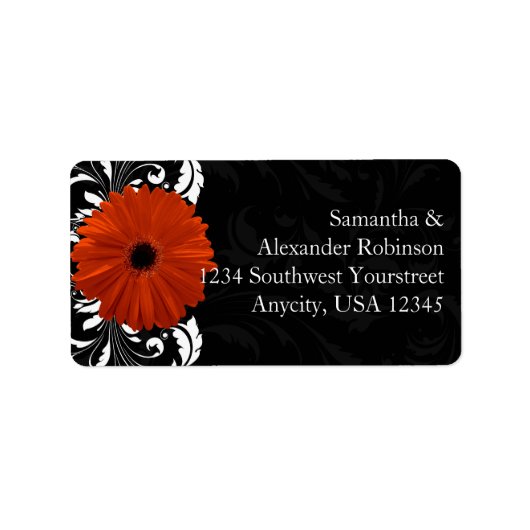 オレンジゲルベラデイジーと白黒スクロール ラベル (正面)