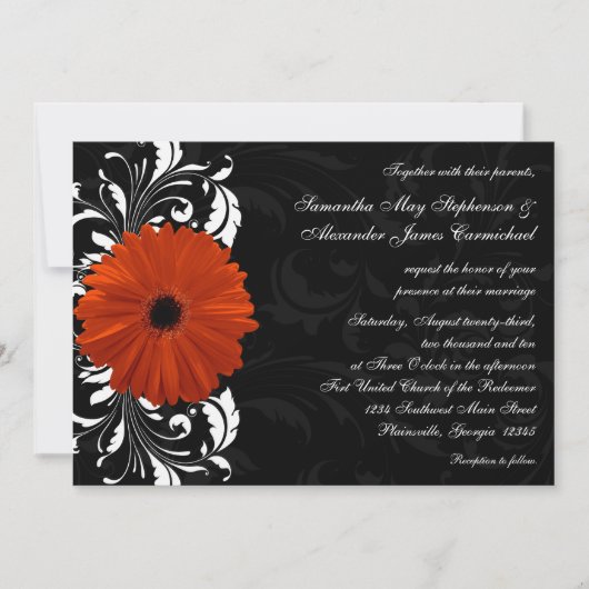 オレンジゲルベラデイジーと白黒スクロール 招待状 (正面)