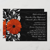 オレンジゲルベラデイジーと白黒スクロール 招待状 (正面/裏面)