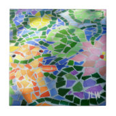 オレンジコイ魚とピンクの花カラフル禅 タイル (正面)