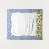 オレンジコバルトブルーウェディングシャワーフォトバックグラウンド タペストリー (正面(横))