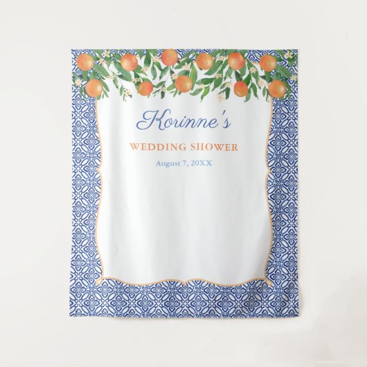 オレンジコバルトブルーウェディングシャワーフォトバックグラウンド タペストリー (正面)