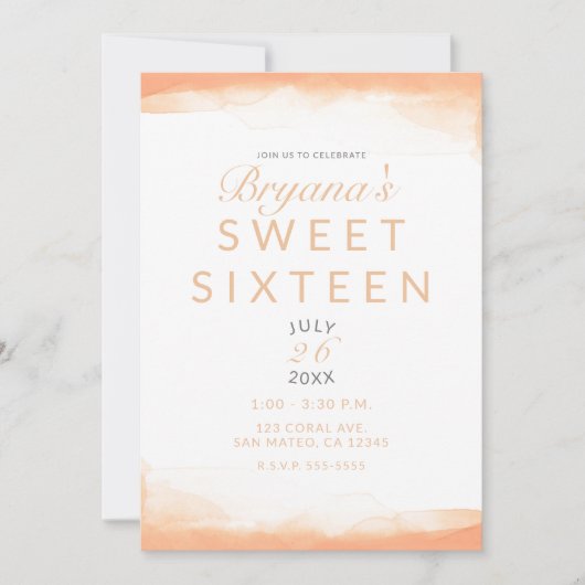 オレンジコーラルウォーターモダンカラーシックスウィート16 招待状 (正面)