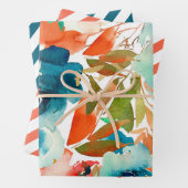 オレンジコーラルティール（緑がかった色）ウォーターカラーストライプのフローラ ラッピングペーパーシート (インサイチュ)