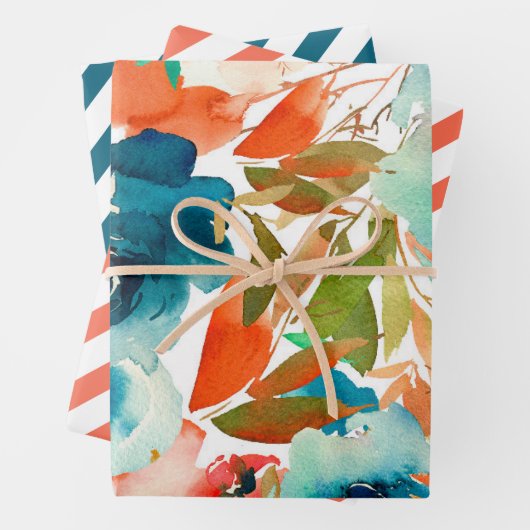 オレンジコーラルティール（緑がかった色）ウォーターカラーストライプのフローラ ラッピングペーパーシート (インサイチュ)