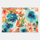 オレンジコーラルティール(緑がかった色)ウォーターカラーストライプのフローラ ラッピングペーパーシート (正面)