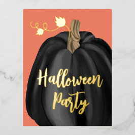 オレンジゴールドスクリプトパンプキンハロウィンパーティー 箔招待状ポストカード