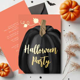 オレンジゴールドスクリプトパンプキンハロウィンパーティー 箔招待状