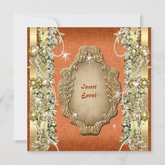 オレンジゴールド 結婚 誕生日 婚約 招待状 (正面)