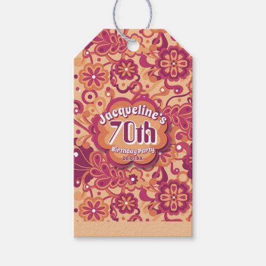 オレンジサイケデリック色のGroovy 60s 70sフローラ誕生日 ギフトタグ (正面)