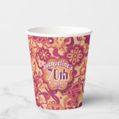 オレンジサイケデリック色のGroovy 60s 70sフローラ誕生日 紙コップ (正面)