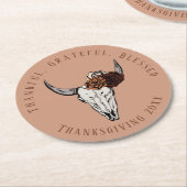オレンジサンクスギビングフローラブルスカル牛スカル ラウンドペーパーコースター (アングル)