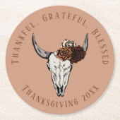 オレンジサンクスギビングフローラブルスカル牛スカル ラウンドペーパーコースター (正面)