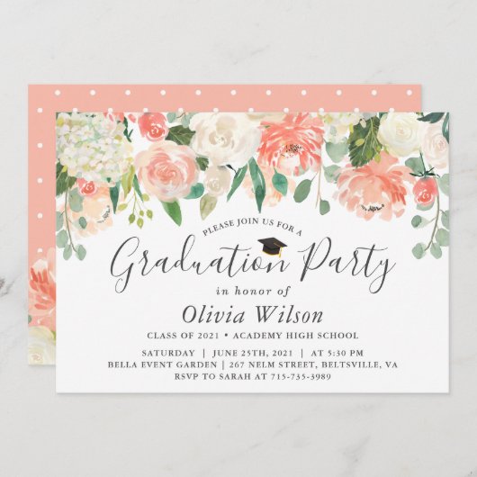 オレンジサンゴ桃の花の卒業パーティー 招待状 (正面/裏面)