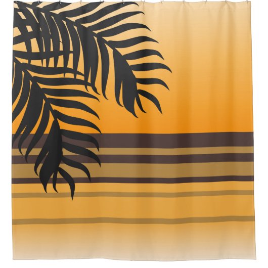 オレンジサンセットの上のトロピカルパームストライプツリー シャワーカーテン (正面)