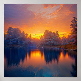 オレンジサンセットアットザcalm forest lake ポスター