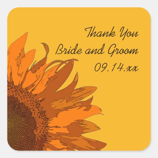 オレンジサンフラワーオンイエロ結婚ーズありがとうラベル スクエアシール (正面)