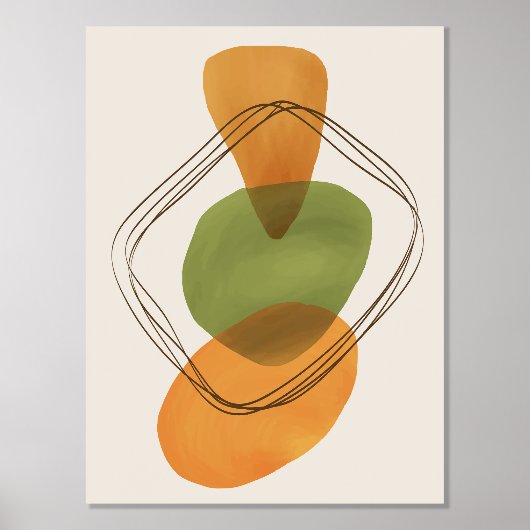 オレンジシェイプ手描き水彩画モダン第3条 箔ポスター (正面)