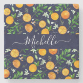 オレンジシトラスサマーフローラ植物模様 ストーンコースター (正面)