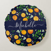 オレンジシトラスサマーフローラ植物模様 ラウンドクッション (正面)