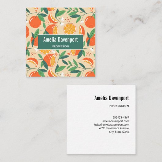 オレンジシトラスフルーツレトロパターン スクエア名刺 (正面/裏面)
