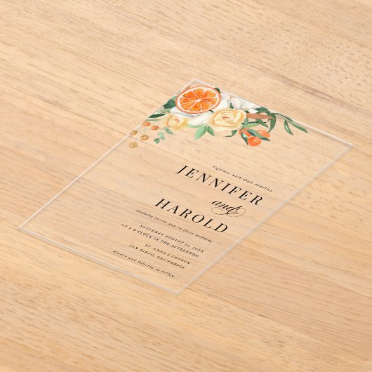 オレンジシトラスフローラサマートランスペアレント結婚ズ アクリル招待状 (レイダウン)