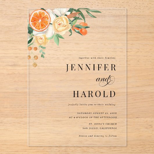 オレンジシトラスフローラサマートランスペアレント結婚ズ アクリル招待状 (正面)