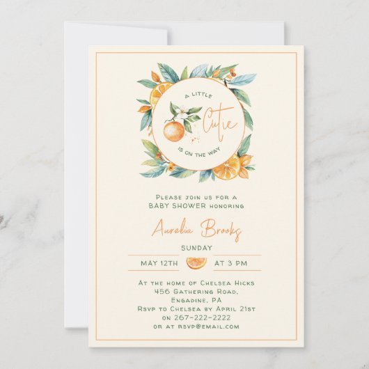 オレンジシトラスリトルかわいこちゃんベビーシャワー招待状 招待状 (正面)
