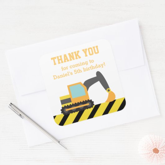 オレンジショベル建築キッズパーティー誕生日 スクエアシール (封筒)