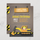 オレンジショベル建築テーマ誕生日パーティー 招待状 (正面/裏面)