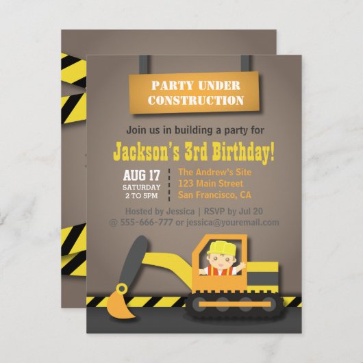 オレンジショベル建築テーマ誕生日パーティー 招待状 (正面/裏面)
