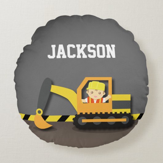 オレンジショベル建築ボーイズルームデコール ラウンドクッション (正面)