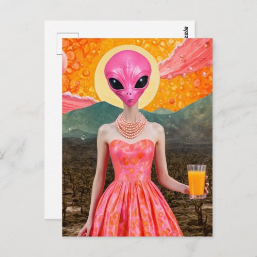 オレンジジュースおもしろいとピンクのエイリアンレディ ポストカード (正面/裏面)