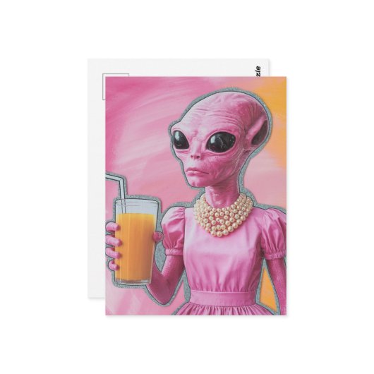 オレンジジュースとピンクの超現実的なエイリアンレディ ポストカード (正面/裏面インサイチュ)