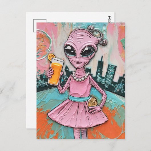 オレンジジュースとピンクの超現実的なエイリアンレディ ポストカード (正面/裏面)