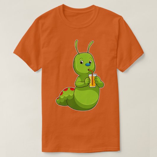 オレンジジュースのグラスを持つキャタピラー Tシャツ (デザイン正面)