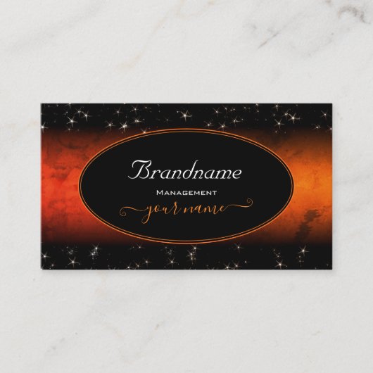 オレンジスタイリッシュ大理石ブラックグラマーグリッタースターズ 名刺 (正面)