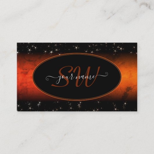オレンジスタイリッシュ大理石ブラックグリッタースターズモノグラム 名刺 (正面)