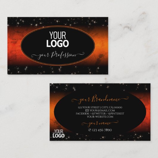 オレンジスタイリッシュ大理石ブラックグリッタースター追加ロゴ 名刺 (正面/裏面)