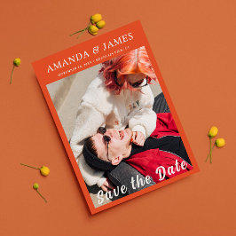 オレンジスタイリッシュ色のカップルの完全な写真日付を保存 招待状