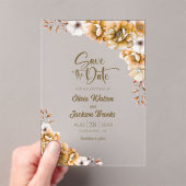 オレンジスタイリッシュ色のフローラ結婚式の日付を保存 アクリル招待状 (インサイチュ (ポータブル))